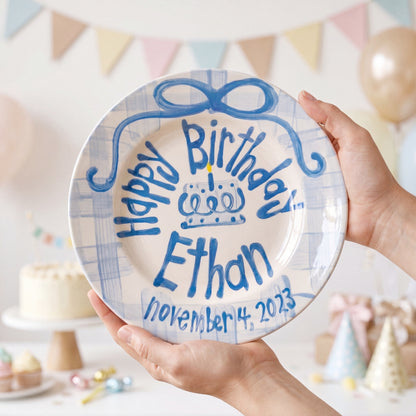 Personalized Birthday Plate – Blue Gingham Bow & Blue Cake Design | BHL007