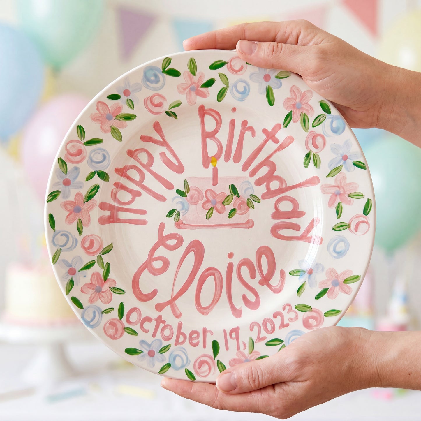 Personalized Birthday Plate – Pink Floral Cake & Garden Flower Border Design | BHL008