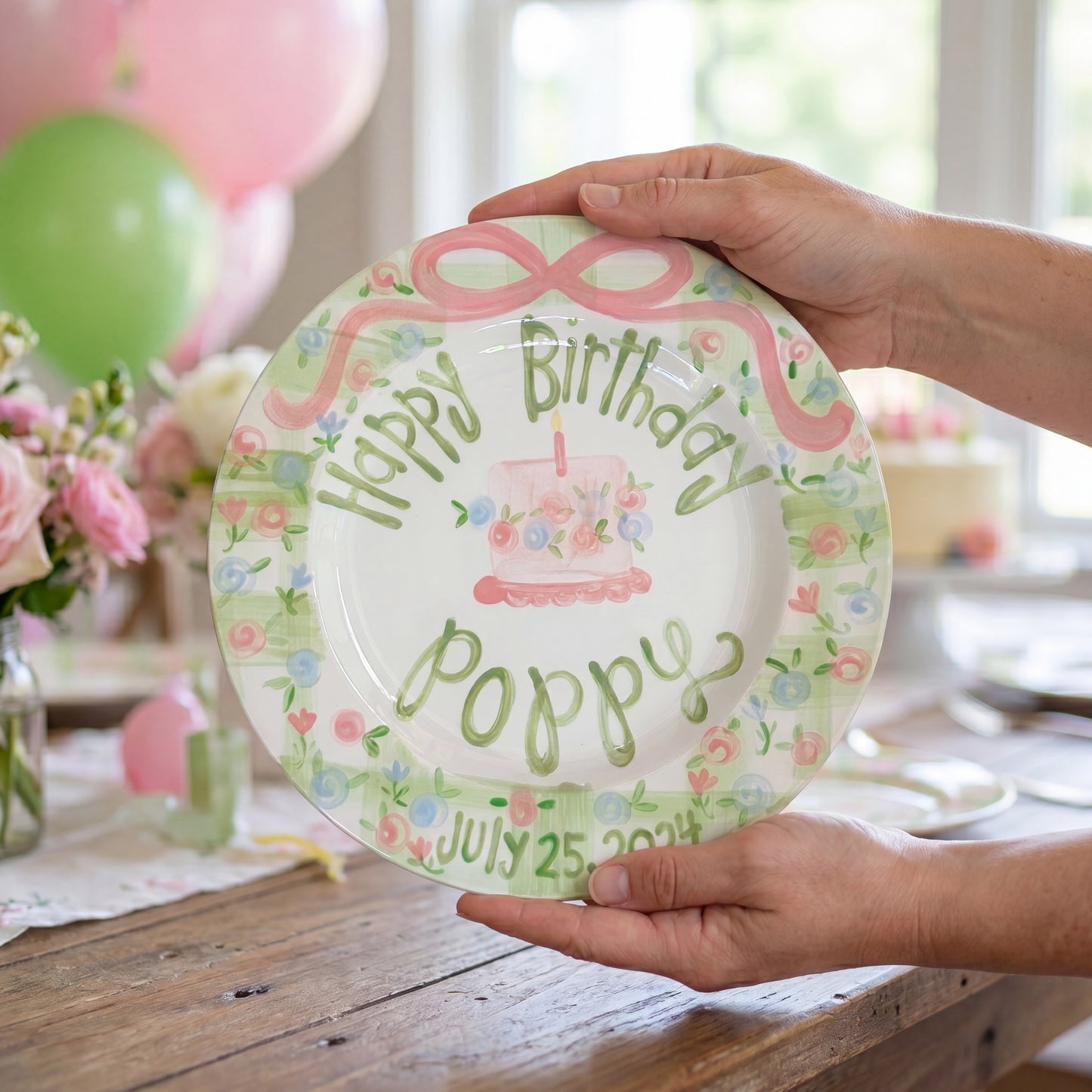 Personalized Birthday Plate – Green Gingham Pink Bow & Floral Cake Design | BHL009