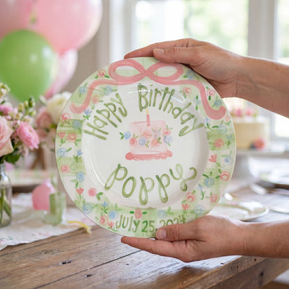 Personalized Birthday Plate – Green Gingham Pink Bow & Floral Cake Design | BHL009