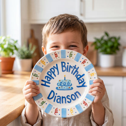 Personalized Birthday Plate – Blue Cake & Party Streamers Design | B072