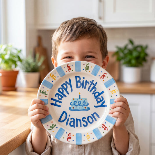 Personalized Birthday Plate – Blue Cake & Party Streamers Design | B072