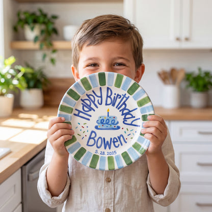Personalized Birthday Plate – Green & Blue Stripe Cake & Candy Sprinkles Design | B067