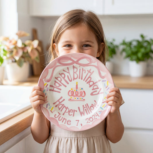 Personalized Birthday Plate – Pink Bow Cake & Sprinkles Design | B026