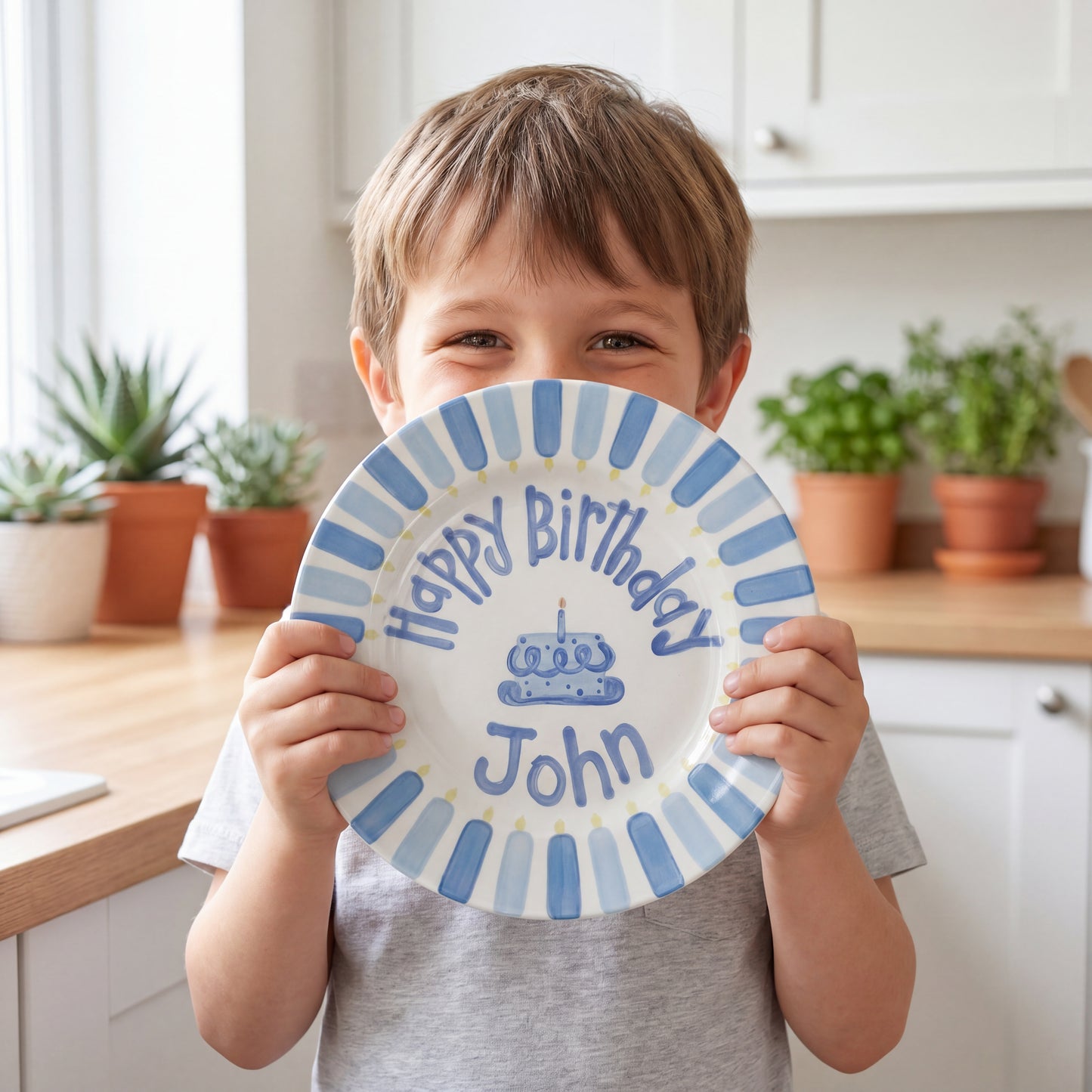 Personalized Birthday Plate – Blue Cake & Stripe Design | B032
