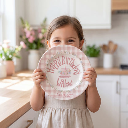 Personalized Birthday Plate – Pink Gingham Floral Wreath & Cake Design | B065