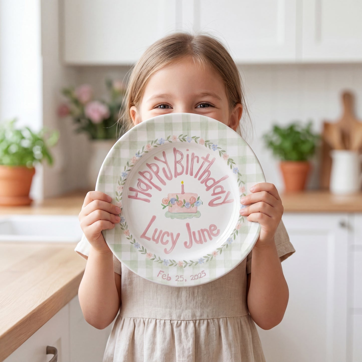 Personalized Birthday Plate – Green Gingham Floral Wreath & Cake Design | B064