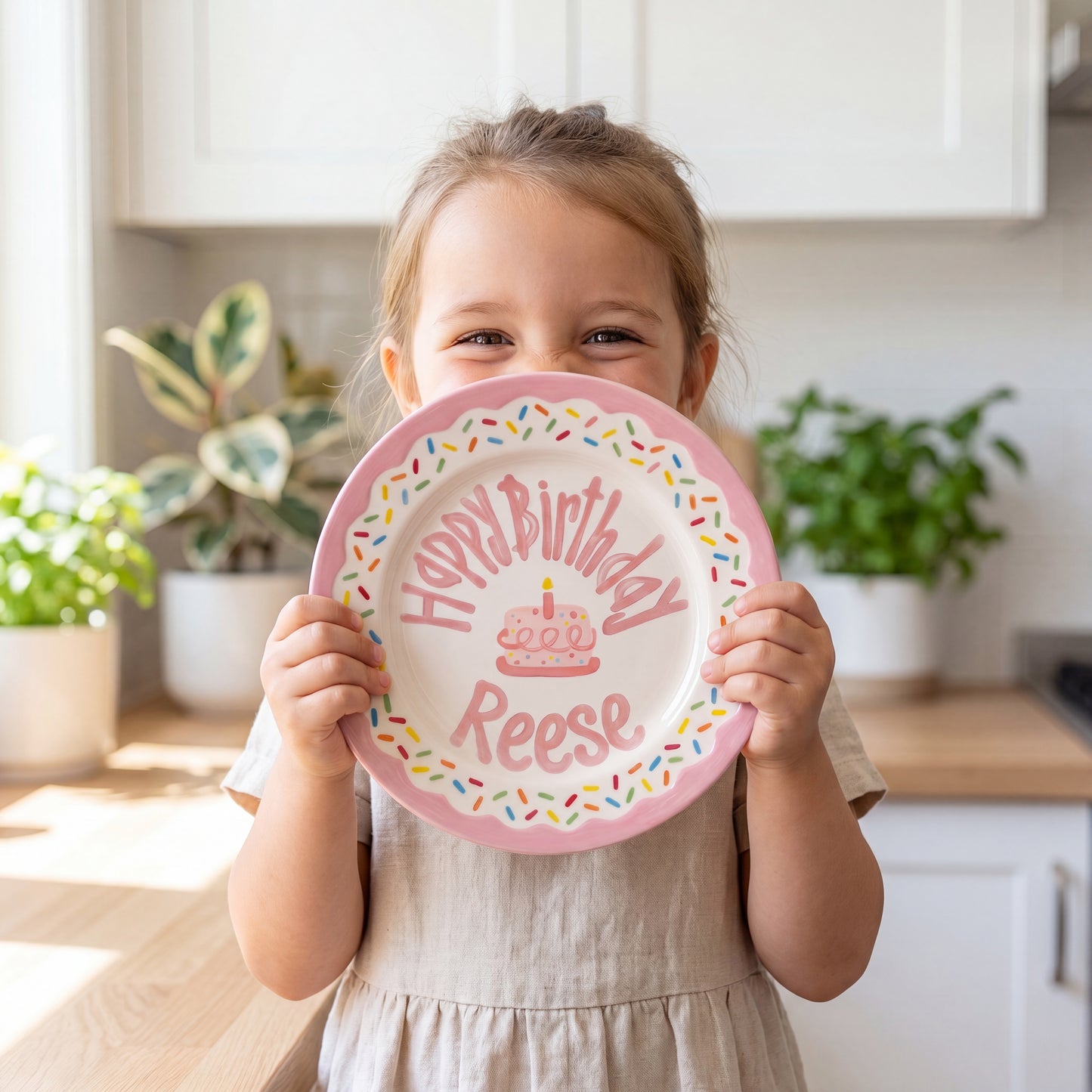 Personalized Birthday Plate – Pink Sprinkles & Cake Design | B061