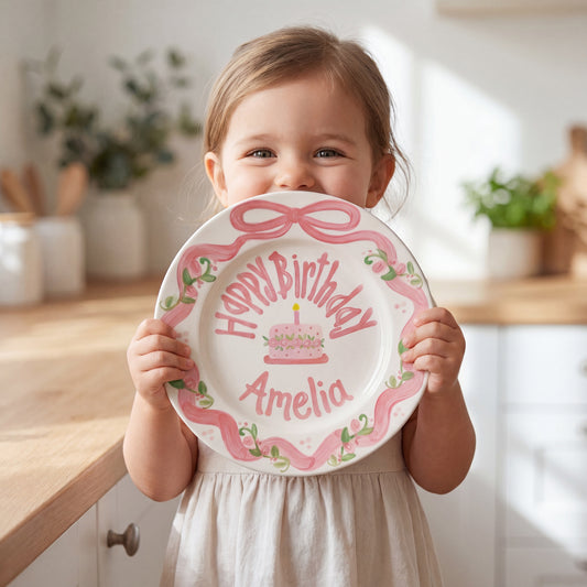 Personalized Birthday Plate – Pink Bow Floral Ribbon & Cake Design | B060
