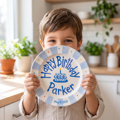 Personalized Birthday Plate – Blue Striped Cake & Polka Dot Design | B057
