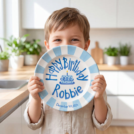Personalized Birthday Plate – Blue Cake & Blue Striped Border Design | B056