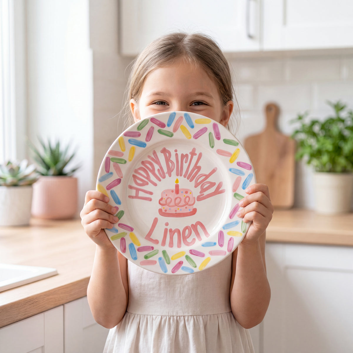 Custom Name Birthday Plate – Colorful Sprinkles & Pink Cake Design | B055