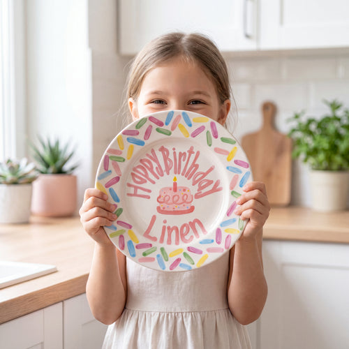 Personalized Birthday Plate – Pink Cake & Colorful Sprinkle Border Design | B055