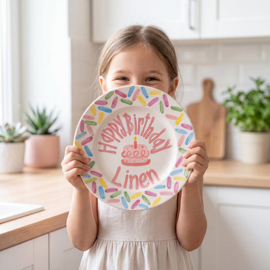 Personalized Birthday Plate – Pink Cake & Colorful Sprinkle Border Design | B055