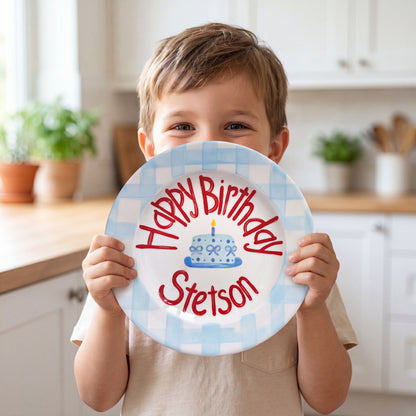 Personalized Birthday Plate – Blue Gingham Border & Blue Cake Design | B054