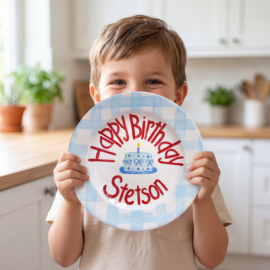 Personalized Birthday Plate – Blue Gingham Border & Blue Cake Design | B054