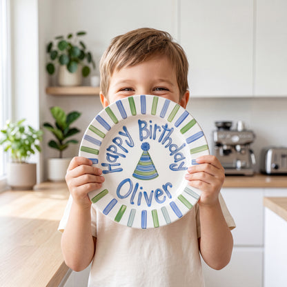 Personalized Birthday Plate – Blue and Green Striped Border & Party Hat Design | B048