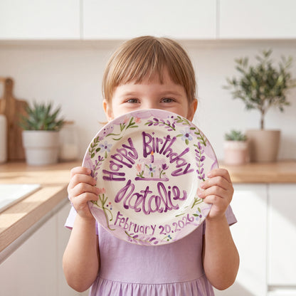 Custom Hand-Painted Birthday Plate Lavender Border Wildflowers, Heirloom Ceramic | BHL001