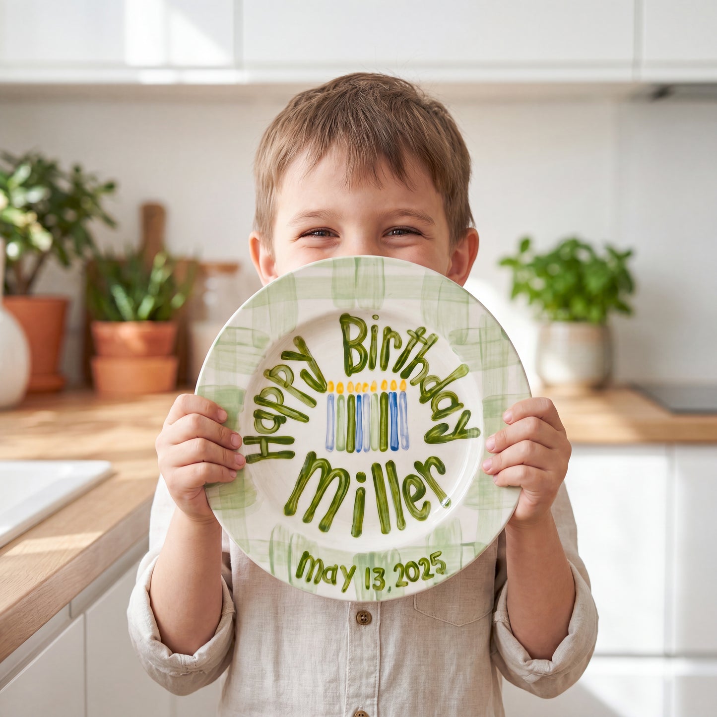 Personalized Birthday Plate Green Gingham Hand-Painted Ceramic | BHL003