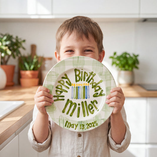 Personalized Birthday Plate Green Gingham Hand-Painted Ceramic | BHL003