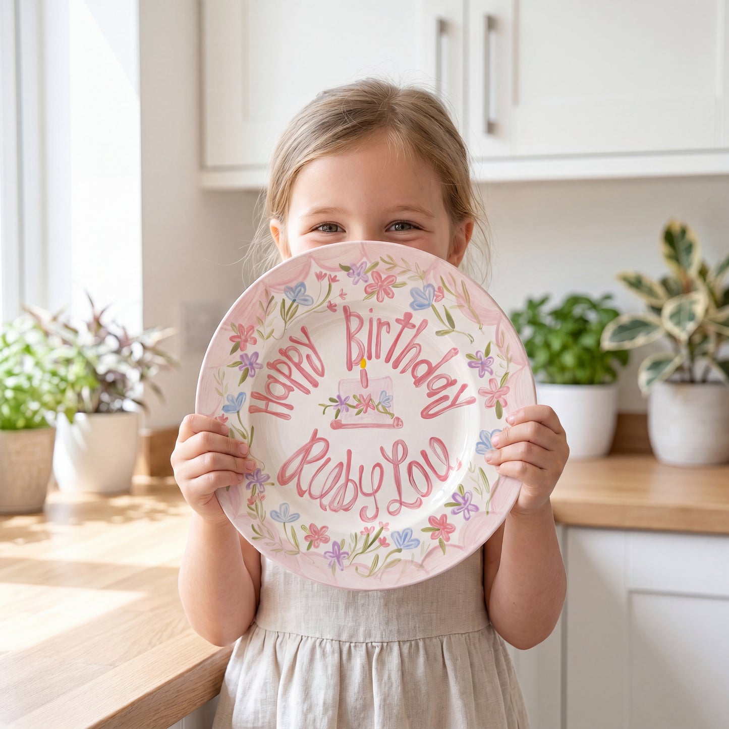 Personalized Handcrafted Ceramic Plate Heirloom Pink Border & Wildflowers | BHL004