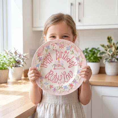 Personalized Handcrafted Ceramic Plate Heirloom Pink Border & Wildflowers | BHL004