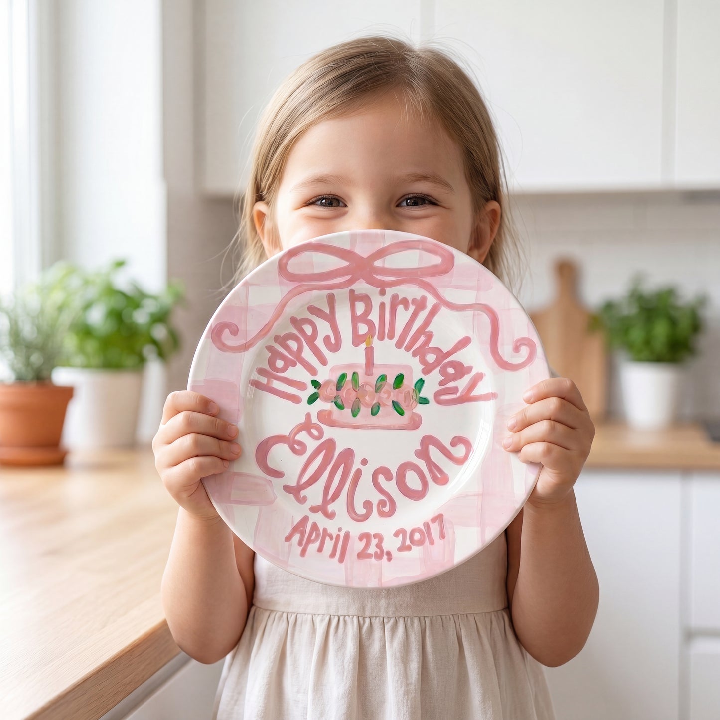 Personalized Birthday Plate – Pink Gingham Bow & Floral Cake Design | BHL006