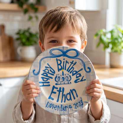 Personalized Birthday Plate – Blue Gingham Bow & Blue Cake Design | BHL007