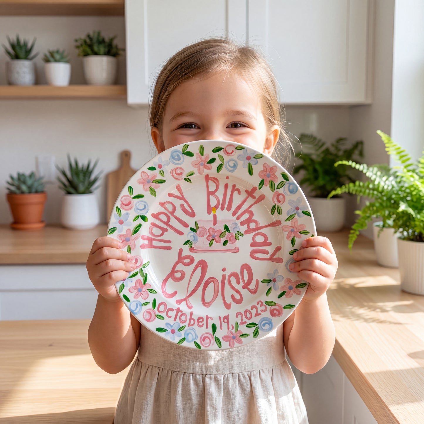 Personalized Birthday Plate – Pink Floral Cake & Garden Flower Border Design | BHL008