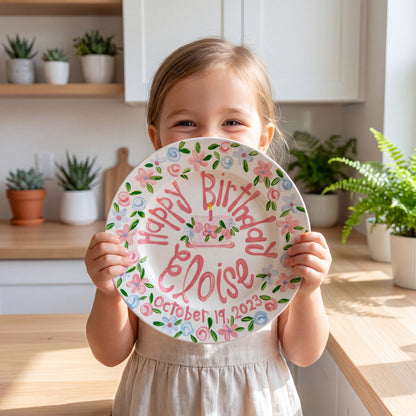 Personalized Birthday Plate – Pink Floral Cake & Garden Flower Border Design | BHL008