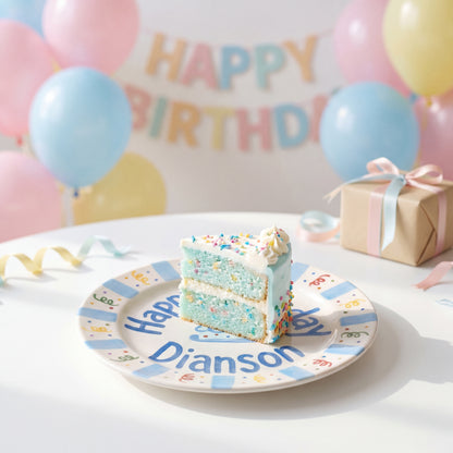 Personalized Birthday Plate – Blue Cake & Party Streamers Design | B072