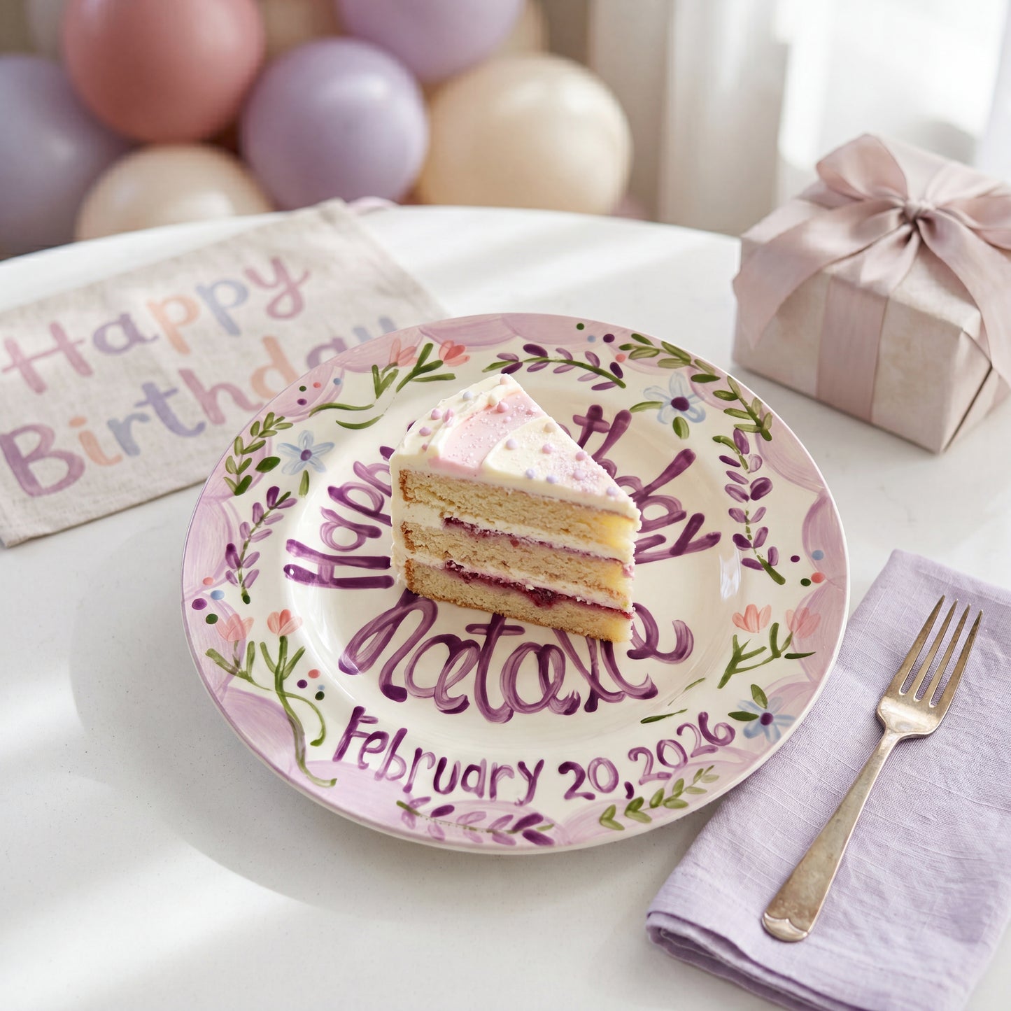 Custom Hand-Painted Birthday Plate Lavender Border Wildflowers, Heirloom Ceramic | BHL001