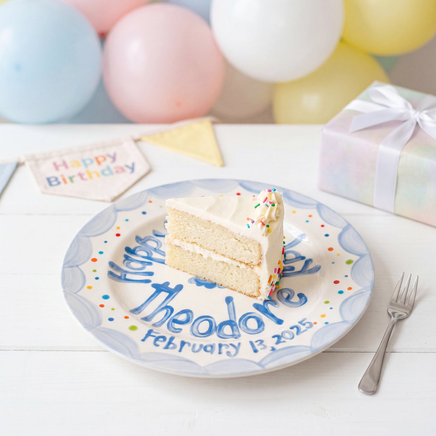 Custom Hand-Painted Ceramic Boy's Birthday Plate Party Hat & Colorful Dots | BHL002