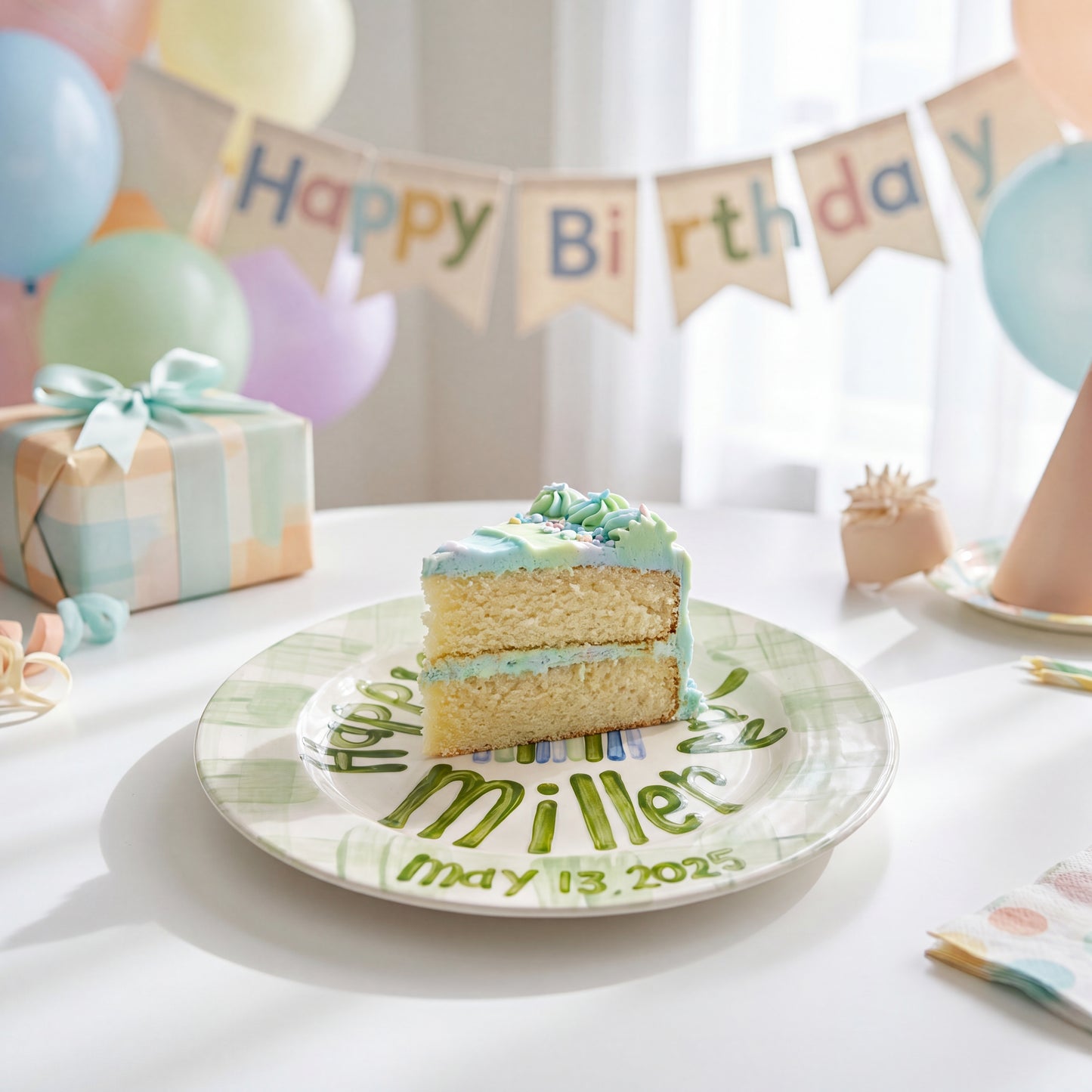 Personalized Birthday Plate Green Gingham Hand-Painted Ceramic | BHL003