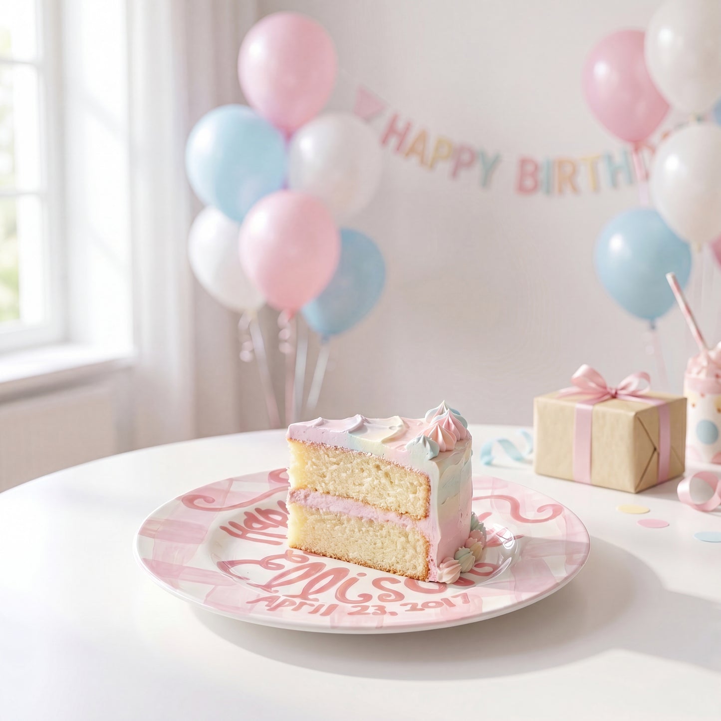 Personalized Birthday Plate – Pink Gingham Bow & Floral Cake Design | BHL006
