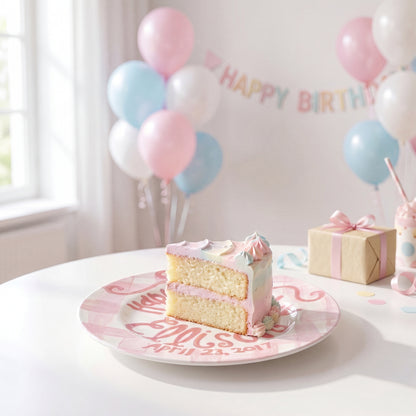 Personalized Birthday Plate – Pink Gingham Bow & Floral Cake Design | BHL006