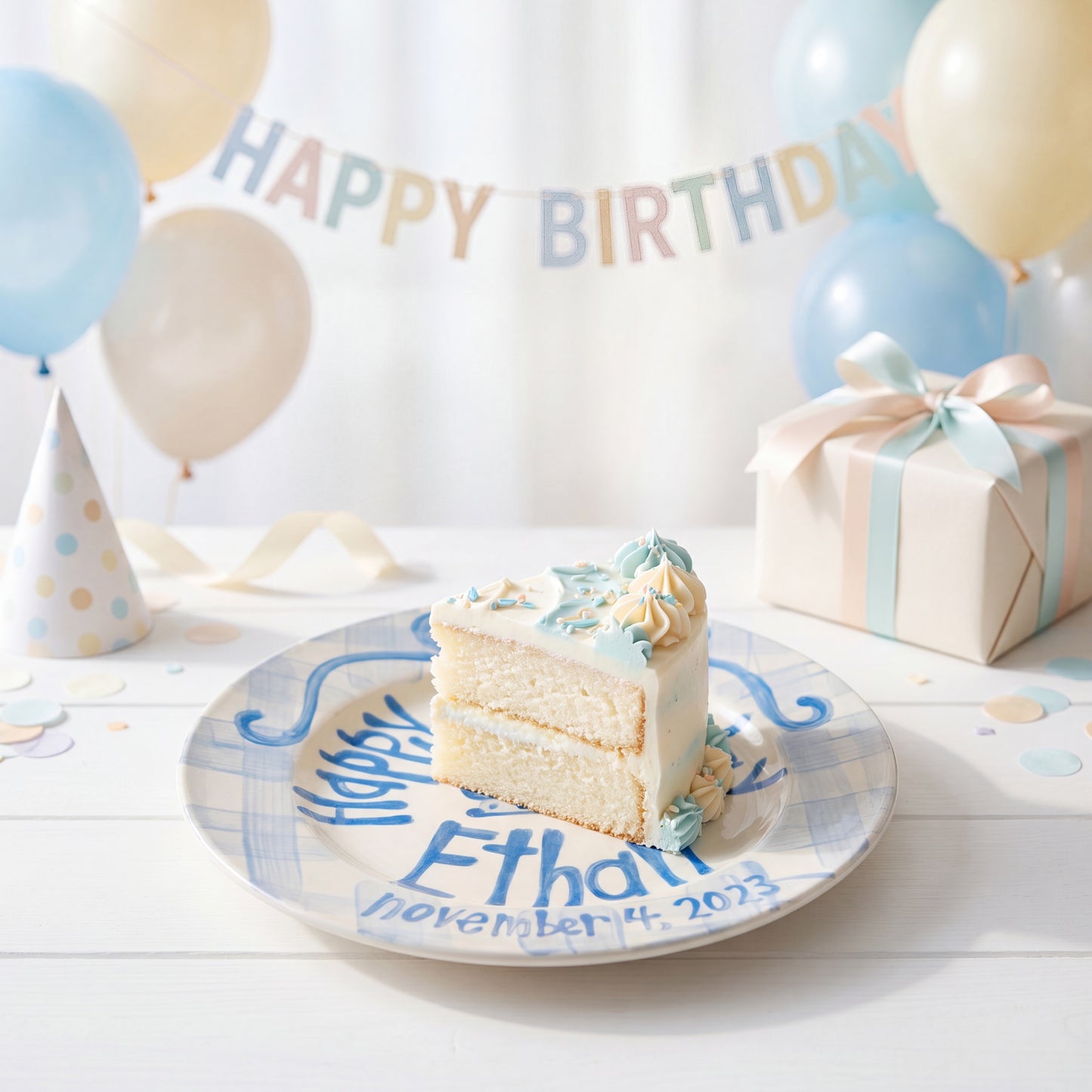 Personalized Birthday Plate – Blue Gingham Bow & Blue Cake Design | BHL007