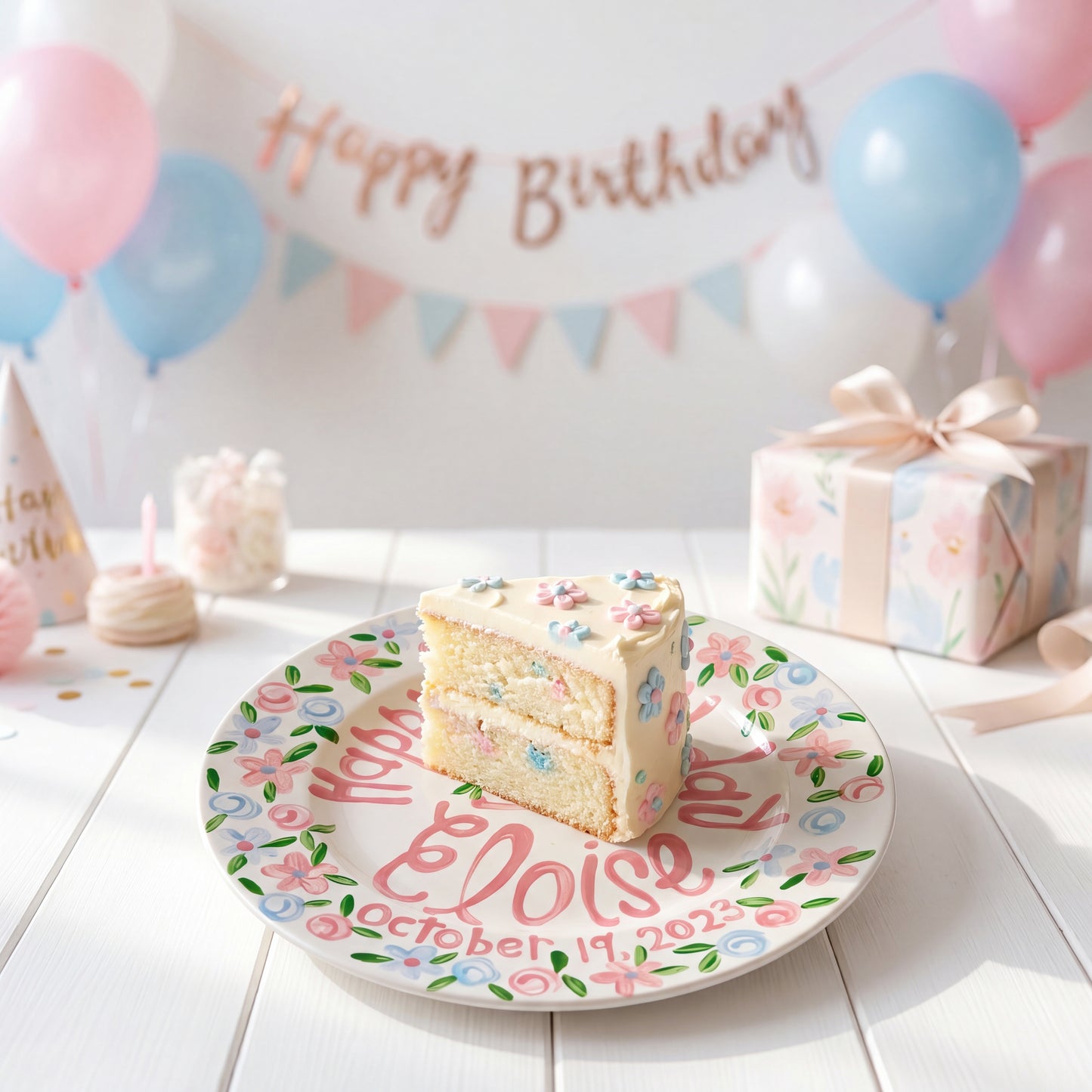 Personalized Birthday Plate – Pink Floral Cake & Garden Flower Border Design | BHL008