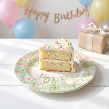 Personalized Birthday Plate – Green Gingham Pink Bow & Floral Cake Design | BHL009
