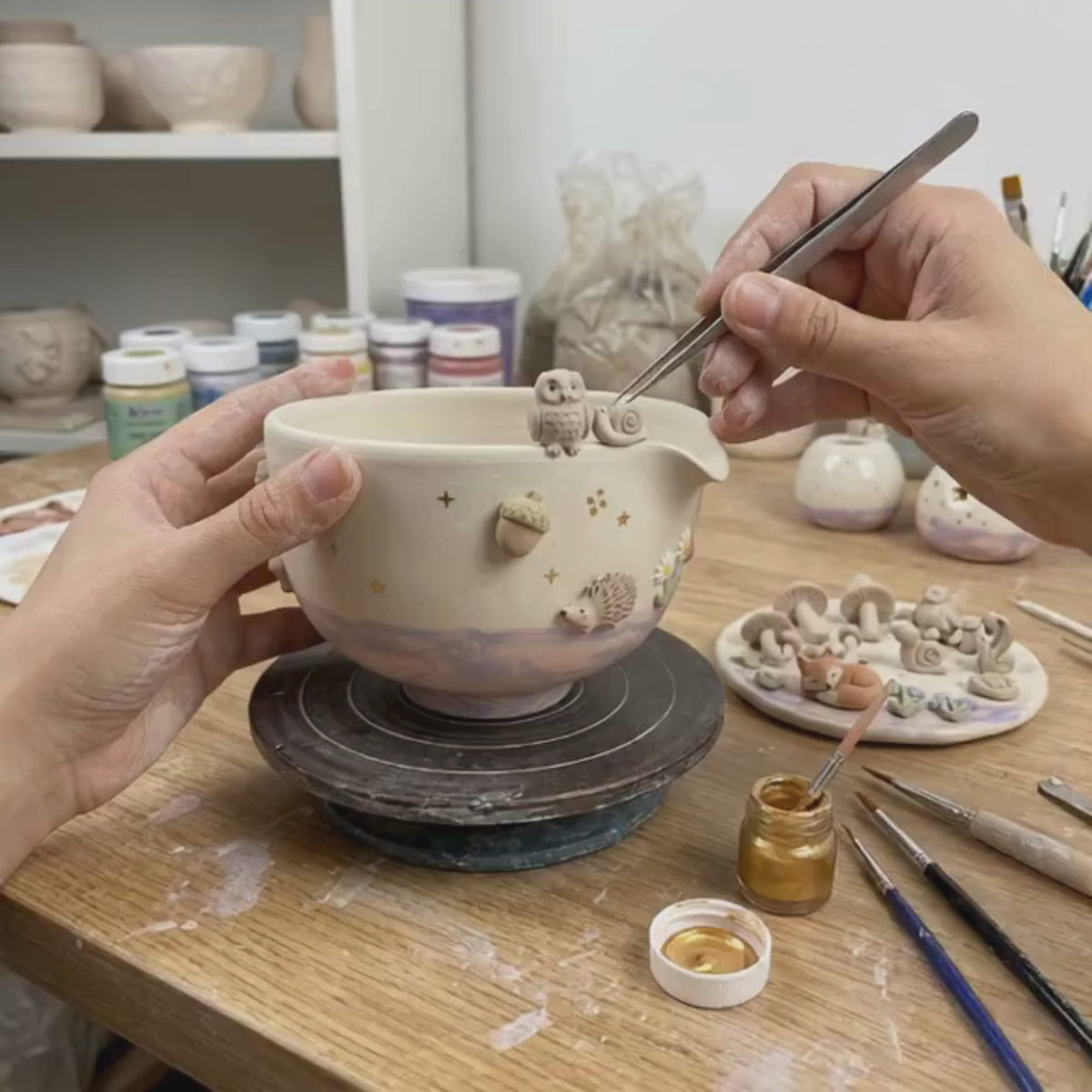 Woodland Matcha Bowl, Handmade Ceramic Chawan, Owl Fox Hedgehog Tea Bowl, Cottagecore Matcha Set | LA033