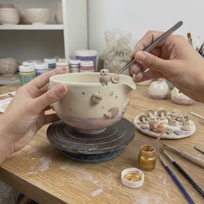 Woodland Matcha Bowl, Handmade Ceramic Chawan, Owl Fox Hedgehog Tea Bowl, Cottagecore Matcha Set | LA033