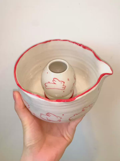 Minimalist Red Line Bunny Hand-Painted Ceramic Matcha Bowl and Whisk Holder Set • HX08
