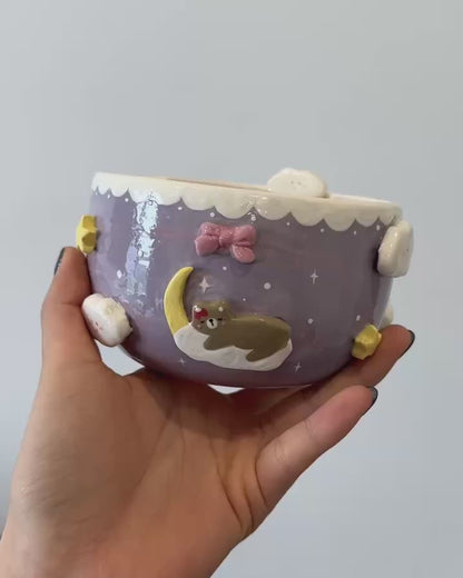 Lavender Dream Teddy Bear & Crescent Moon 3D Handcrafted Ceramic Matcha Bowl and Whisk Holder Set • HX27