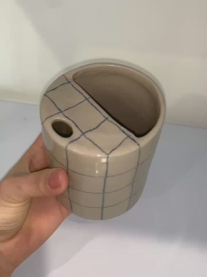 Handcrafted Ceramic Travel Mug with Built-in Lid, Minimalist Blue Grid Commuter Coffee Cup • HX09