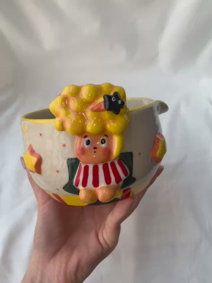 Twinkle Popcorn Movie Night 3D Handcrafted Ceramic Matcha Bowl and Whisk Holder Set • HX09