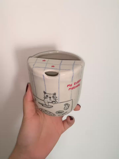 Handcrafted Ceramic Travel Mug with Built-in Lid, "Watch a Sad Movie" Cute Crying Cat Commuter Cup • HX23