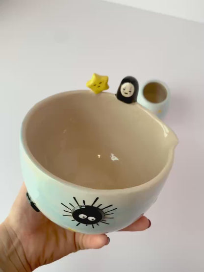 Spirited Away No-Face & Soot Sprite 3D Handcrafted Ceramic Matcha Bowl and Whisk Holder Set • HX18