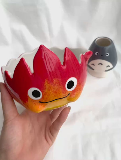 Ghibli Calcifer Fire 3D Handcrafted Ceramic Matcha Bowl and Totoro Whisk Holder Set • HX13