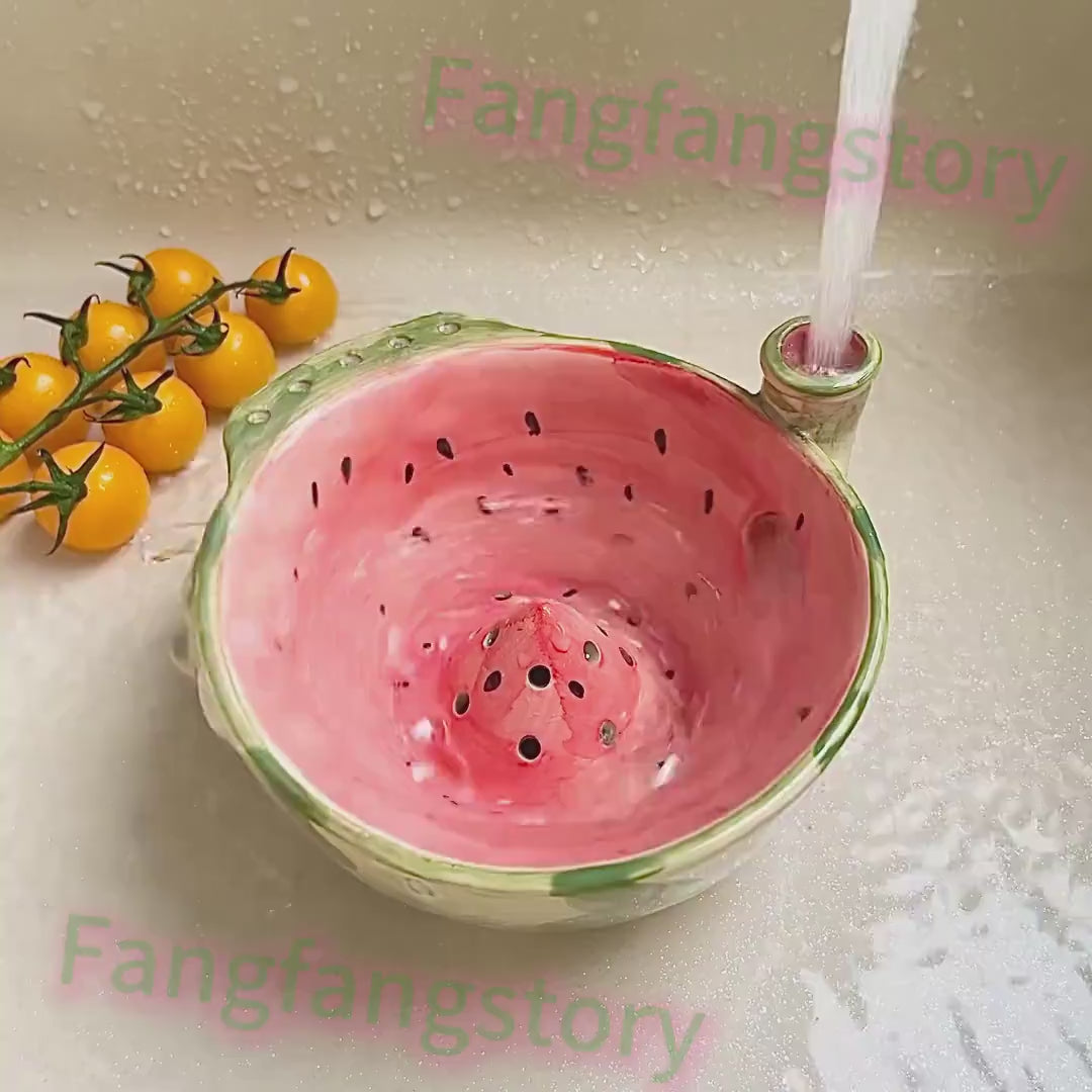 Watermelon Ceramic Berry Washing Bowl, Fruit Rinser Colander with Side Water Inlet, Fruit Gift, Hostess Gift| LA105