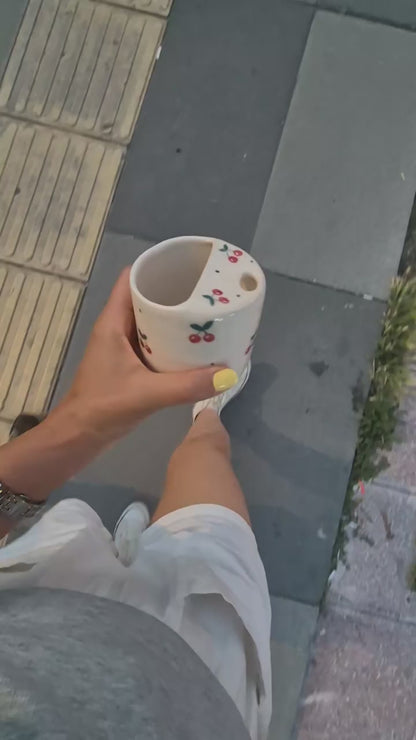 Handmade Ceramic Travel Mug, Reusable Coffee Cup with Built-in Lid, Cherry Cottagecore Mug, Eco Friendly Gift | LA039